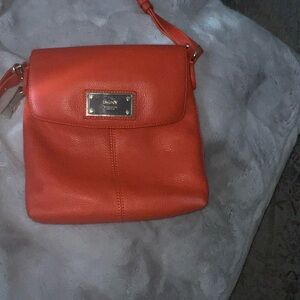 DKNY Orange Pebbled Leather Crossbody with Gold Plaque